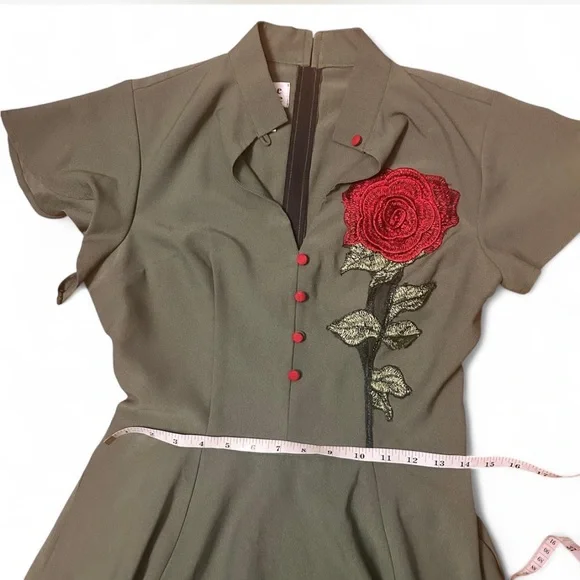Unique Vintage Olive Green Dress with Embroidered Red Rose Applique - Picture 5 of 8